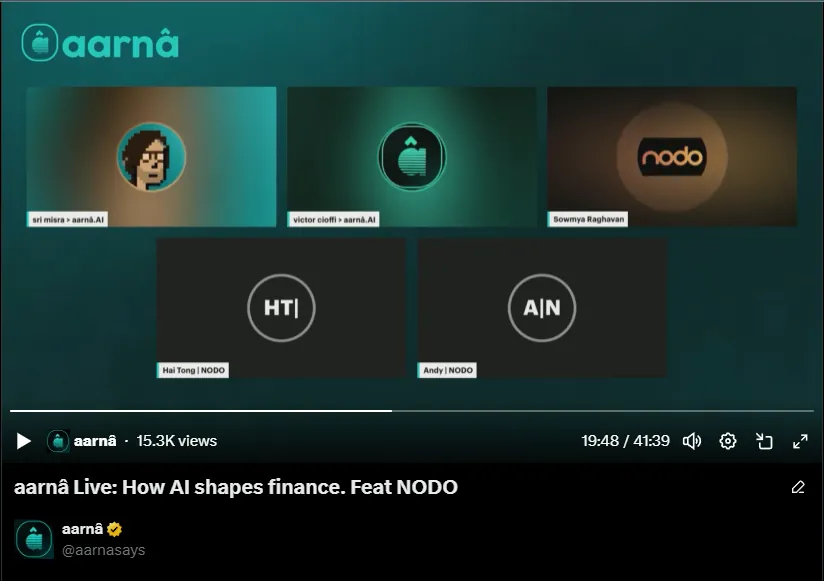 aarnâ Live livestream on AI in finance, featuring NODO