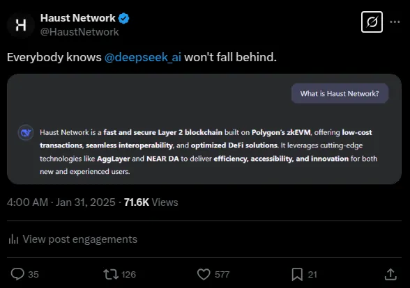 Post de tendência usando a resposta do DeepSeek sobre a Haust