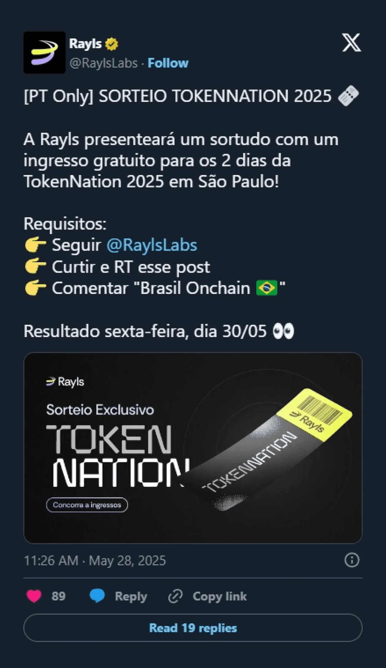 TokenNation 2025 ticket giveaway post, May 28, 2025