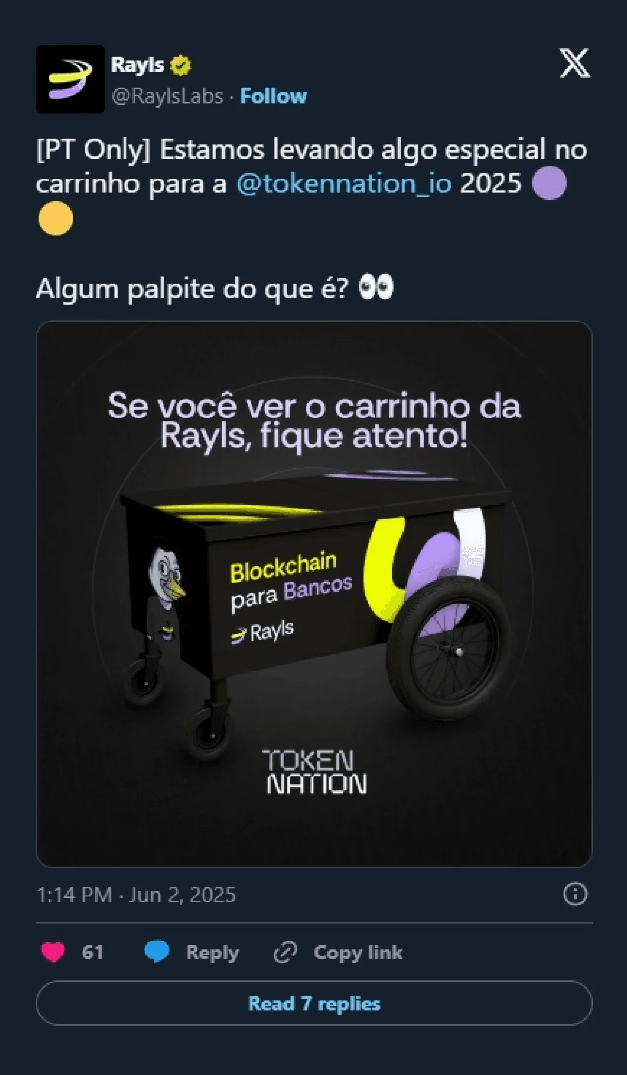 Rayls 'Blockchain para Bancos' cart teaser for TokenNation, Jun 2, 2025