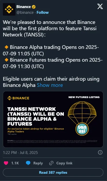Binance announces Tanssi on Binance Alpha and Futures, Jul 8, 2025